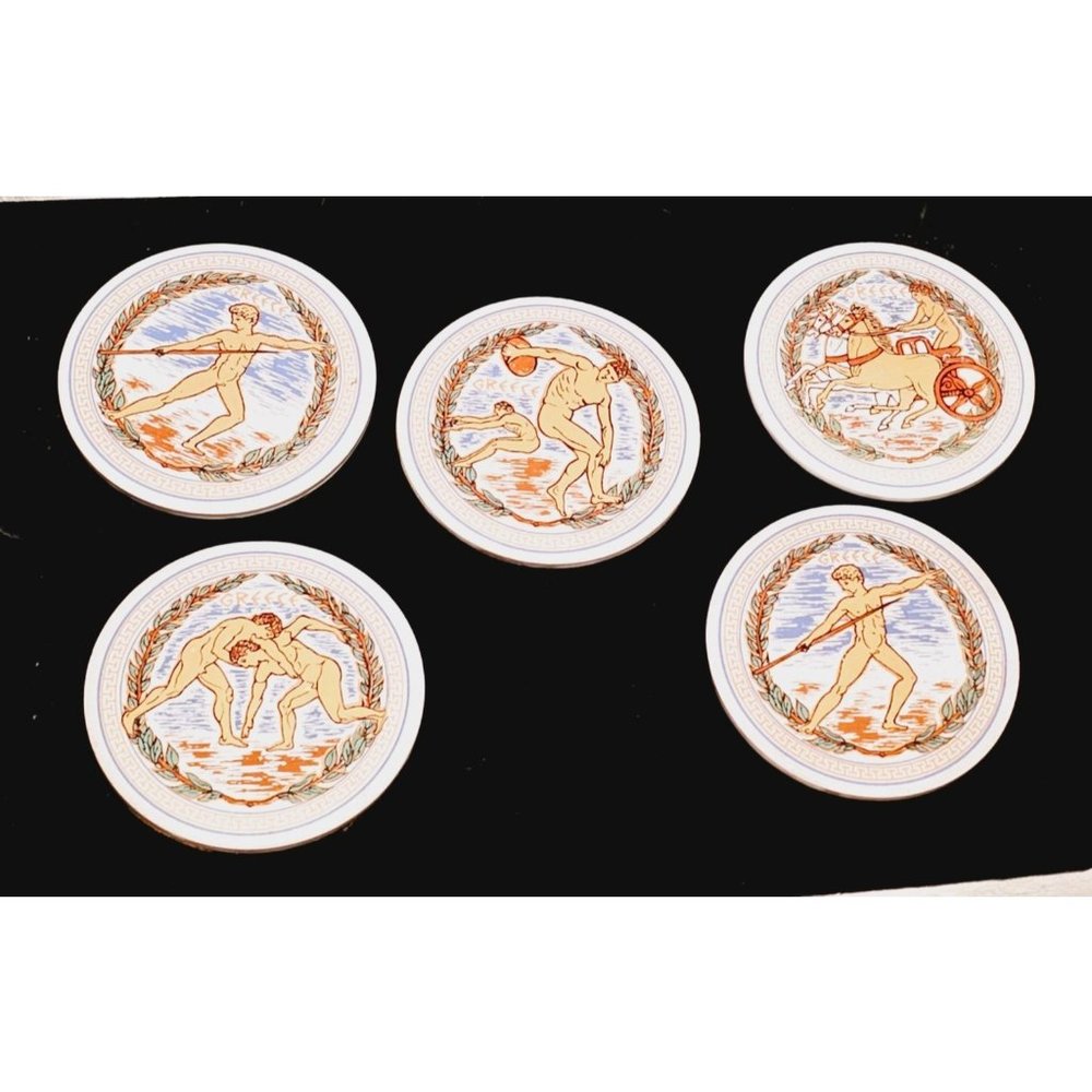 Vintage Greek ceramic Coasters set of‎ 6 with holder foam bottom